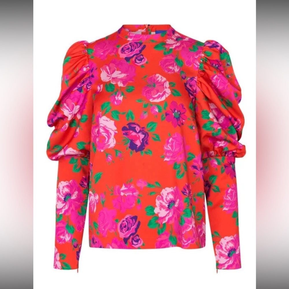Cras Milla Flower Jam Blouse - Size 34 (4 S) - Red Floral - Puff Sleeves